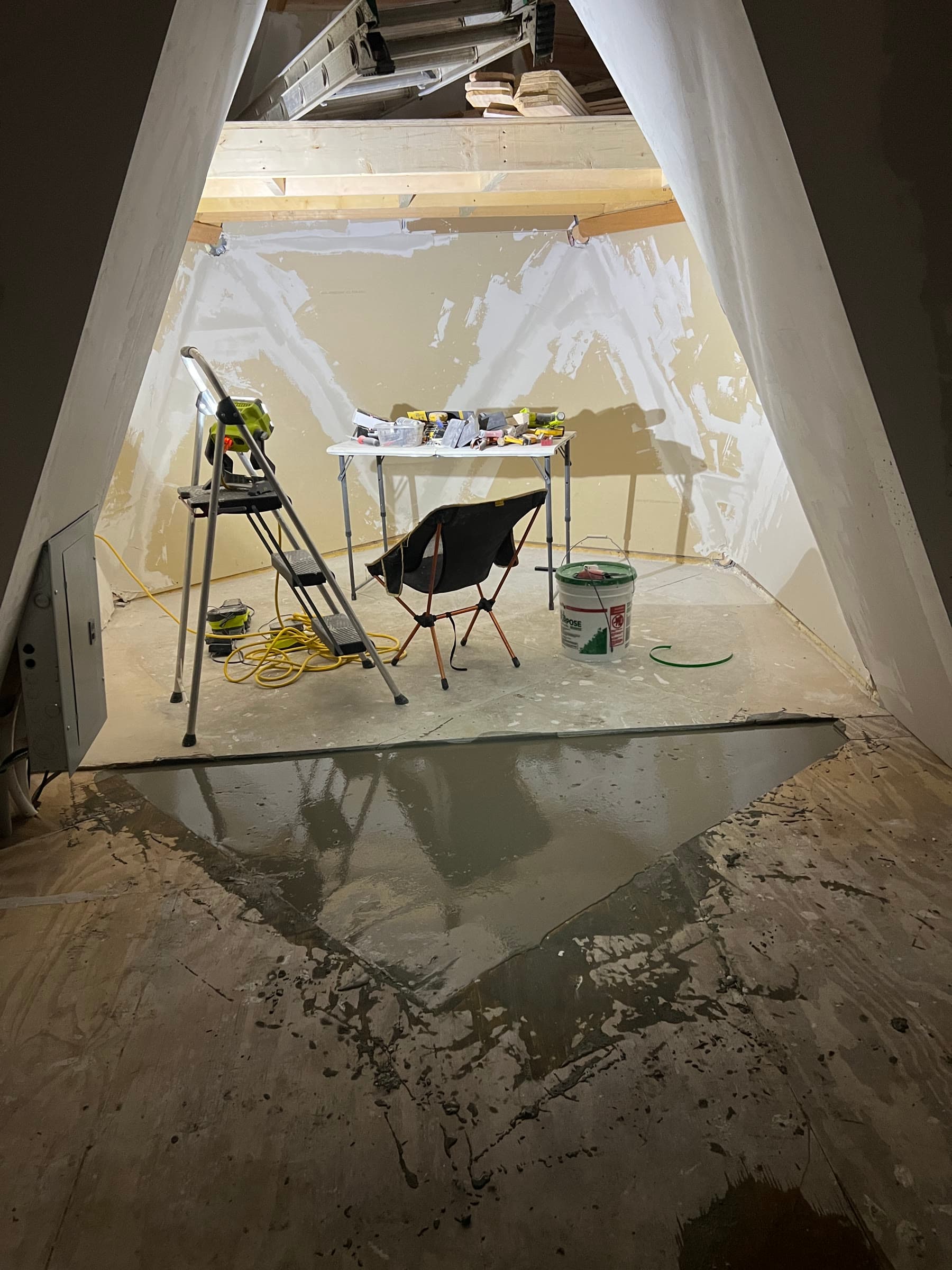 Interior during finishing — drywall and mud